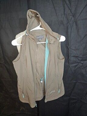 Eddie Bauer Brown Hooded Vest with Aqua Trim
